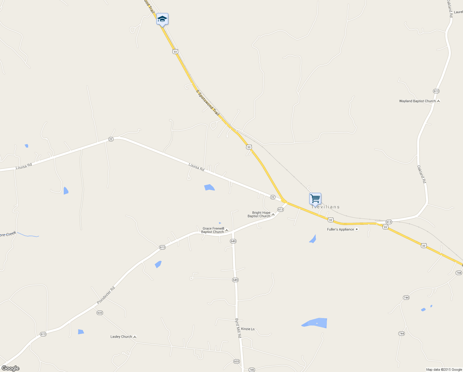 map of restaurants, bars, coffee shops, grocery stores, and more near 8903 Poindexter Road in Louisa