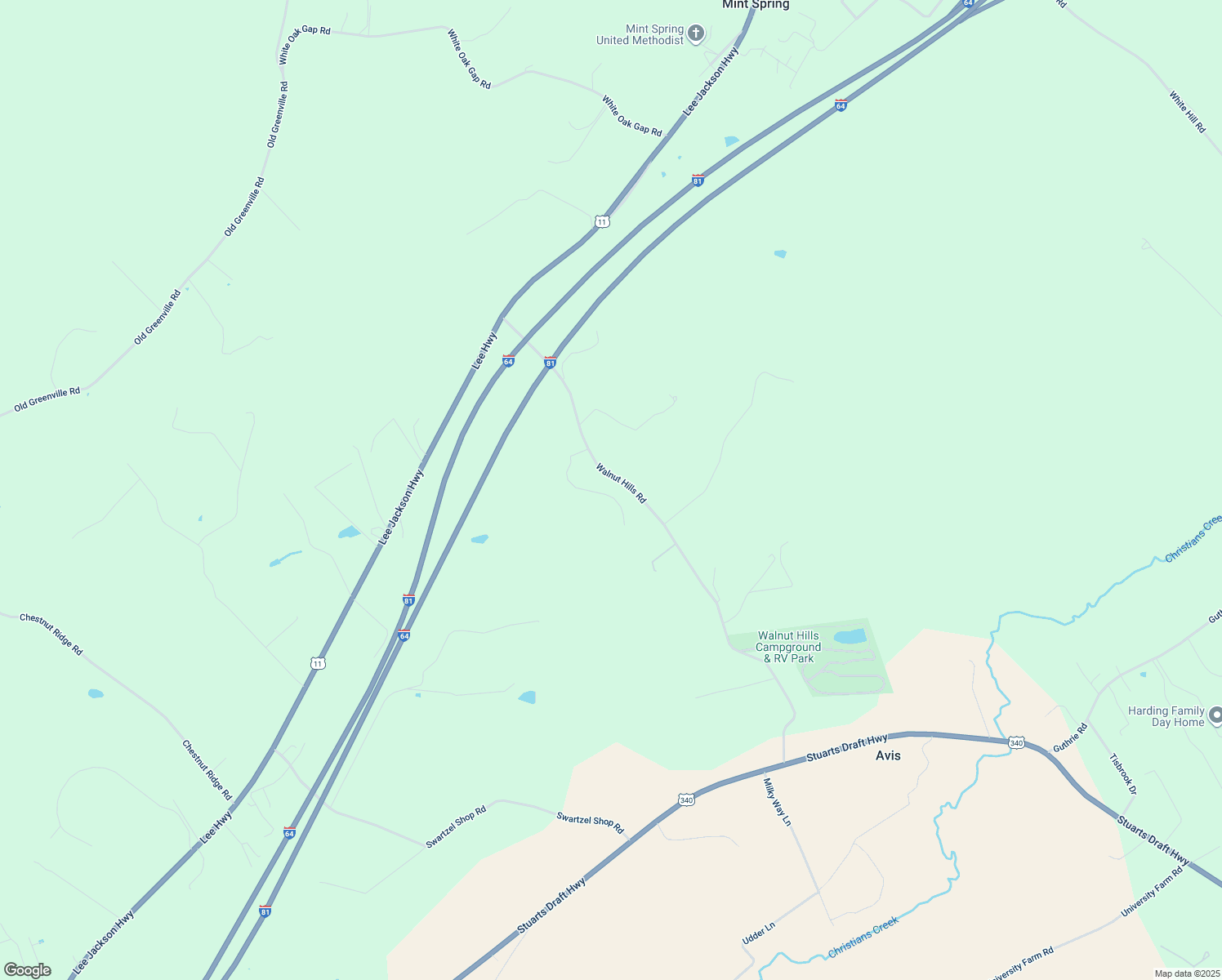 map of restaurants, bars, coffee shops, grocery stores, and more near 108 Shady Oaks Lane in Staunton