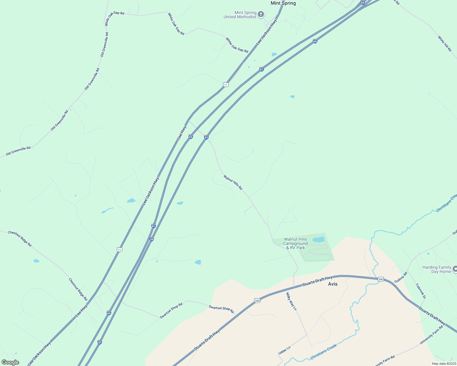 map of restaurants, bars, coffee shops, grocery stores, and more near 108 Shady Oaks Lane in Staunton