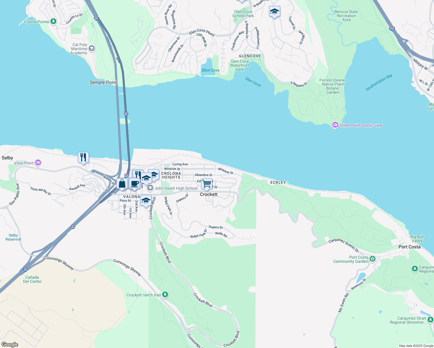 map of restaurants, bars, coffee shops, grocery stores, and more near 380 Alhambra Street in Crockett