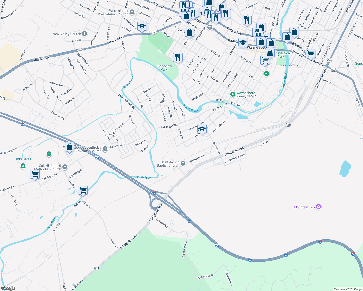 map of restaurants, bars, coffee shops, grocery stores, and more near 1108 Jefferson Avenue in Waynesboro