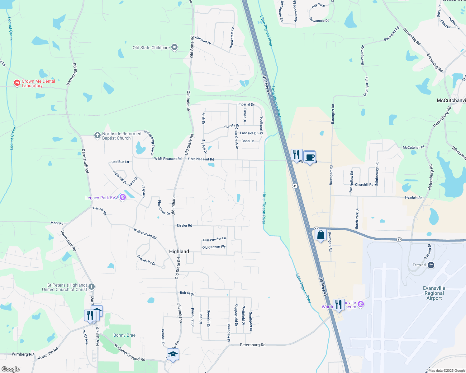 map of restaurants, bars, coffee shops, grocery stores, and more near 8330 Greendale Drive in Evansville