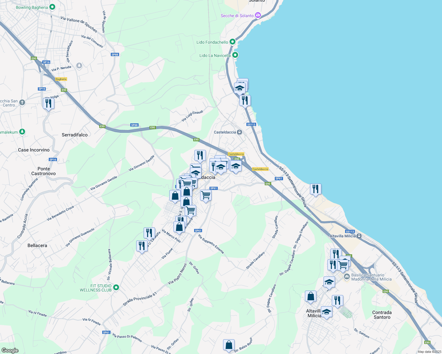 map of restaurants, bars, coffee shops, grocery stores, and more near 6 Via Giacomo Matteotti in Casteldaccia
