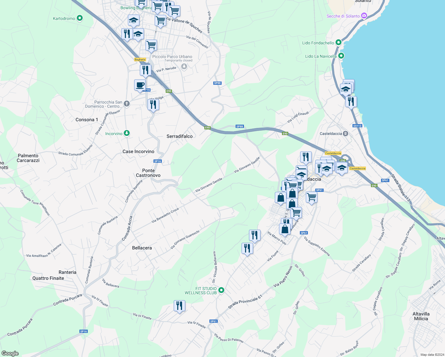 map of restaurants, bars, coffee shops, grocery stores, and more near Via Giovanni Gentile in Provincia di Palermo
