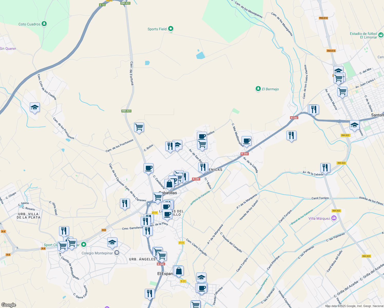 map of restaurants, bars, coffee shops, grocery stores, and more near 55 Avenida de San Roque in Cobatillas