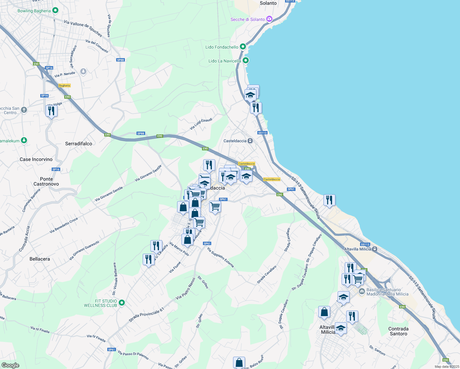 map of restaurants, bars, coffee shops, grocery stores, and more near 6 Via Giacomo Matteotti in Casteldaccia