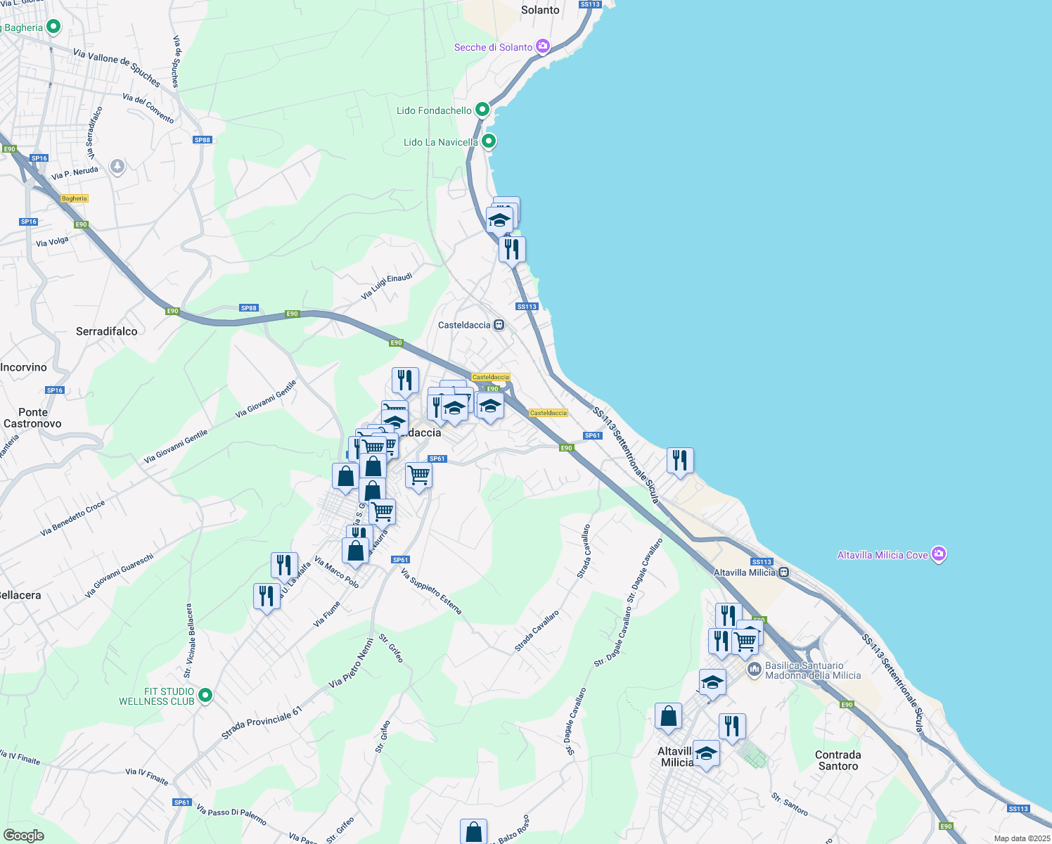 map of restaurants, bars, coffee shops, grocery stores, and more near 23 Via Luigi Einaudi in Palermo