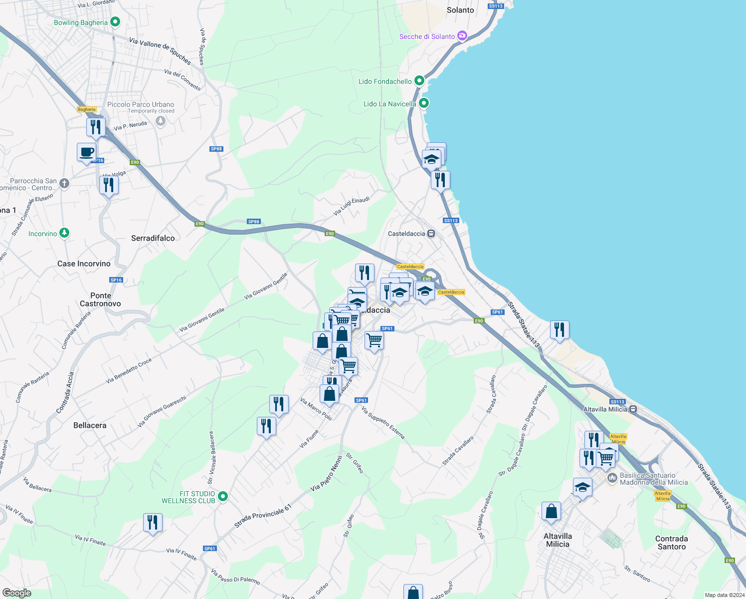 map of restaurants, bars, coffee shops, grocery stores, and more near in Casteldaccia
