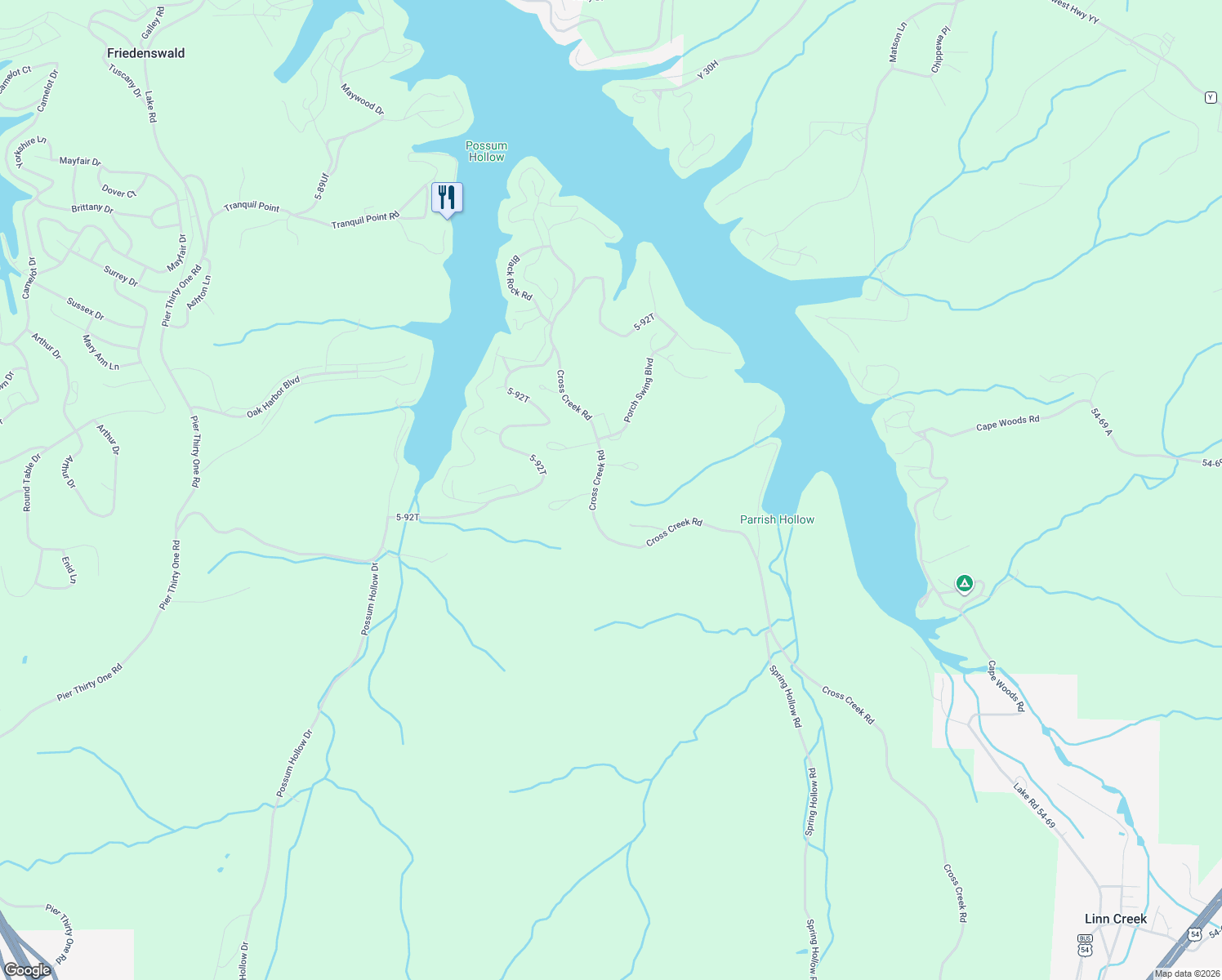 map of restaurants, bars, coffee shops, grocery stores, and more near Cross Creek Road in Camdenton