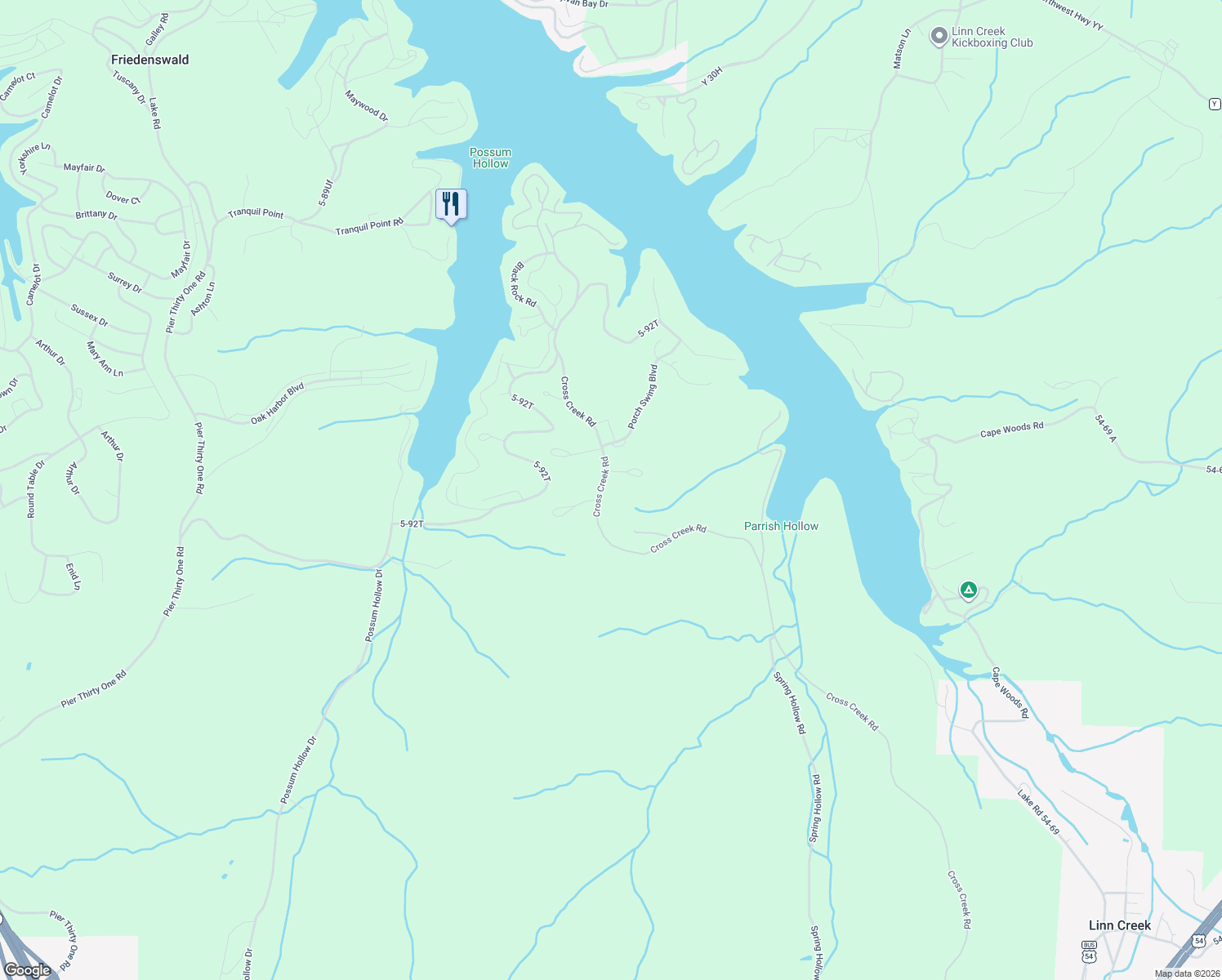 map of restaurants, bars, coffee shops, grocery stores, and more near Cross Creek Road in Camdenton