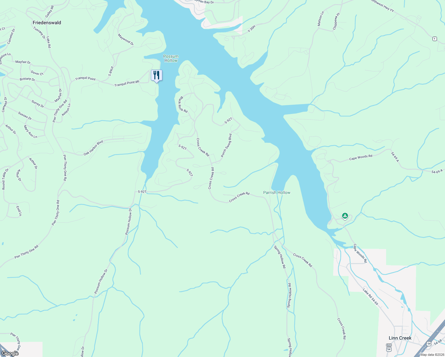map of restaurants, bars, coffee shops, grocery stores, and more near Cross Creek Road in Camdenton
