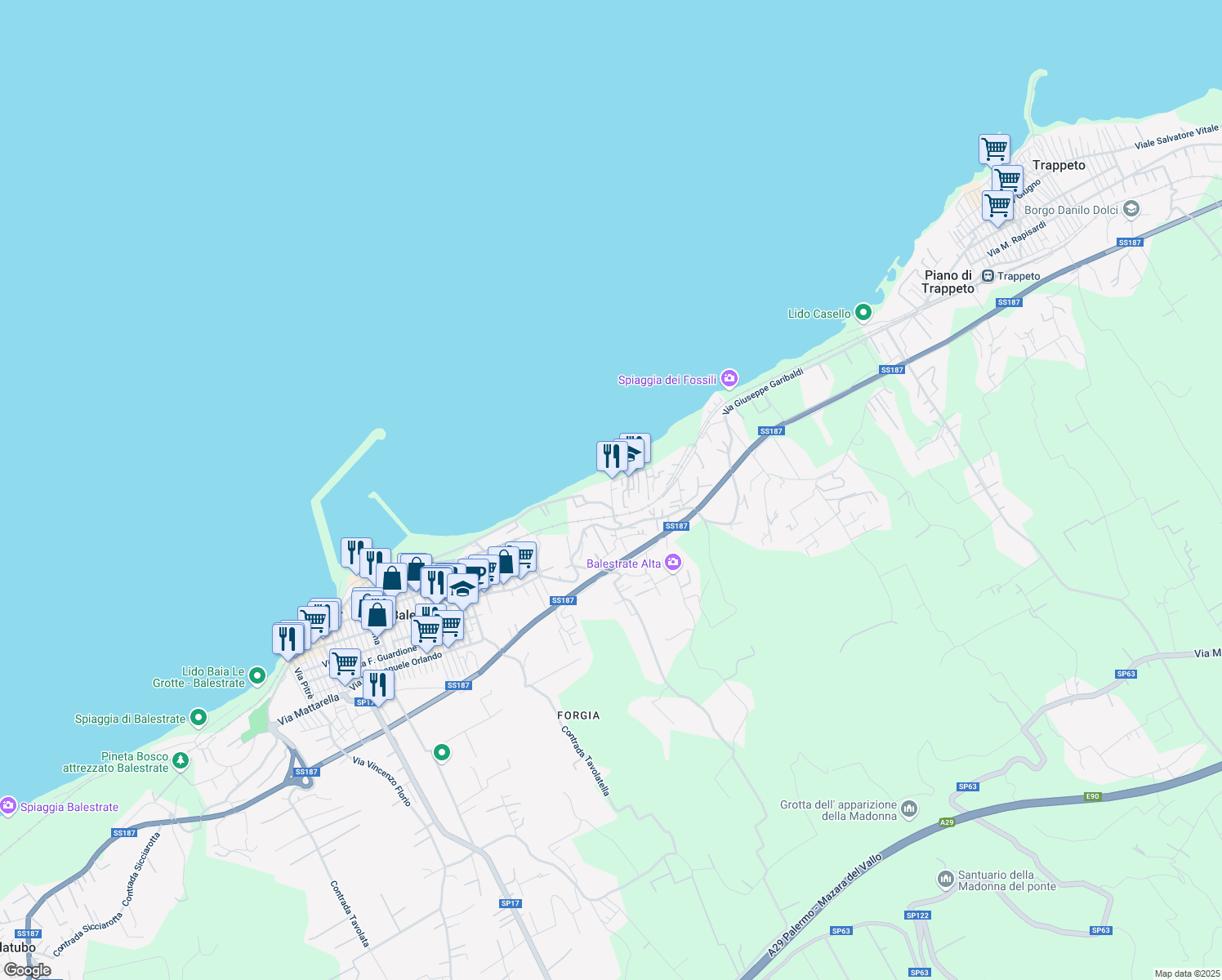 map of restaurants, bars, coffee shops, grocery stores, and more near Contrada Forgia in Balestrate
