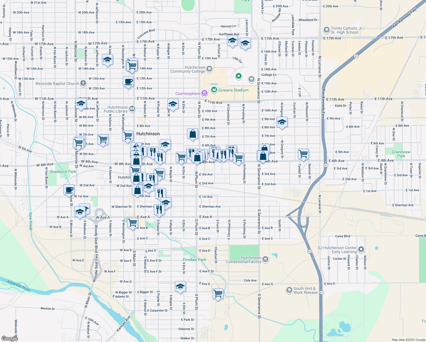 map of restaurants, bars, coffee shops, grocery stores, and more near 546 East 3rd Avenue in Hutchinson