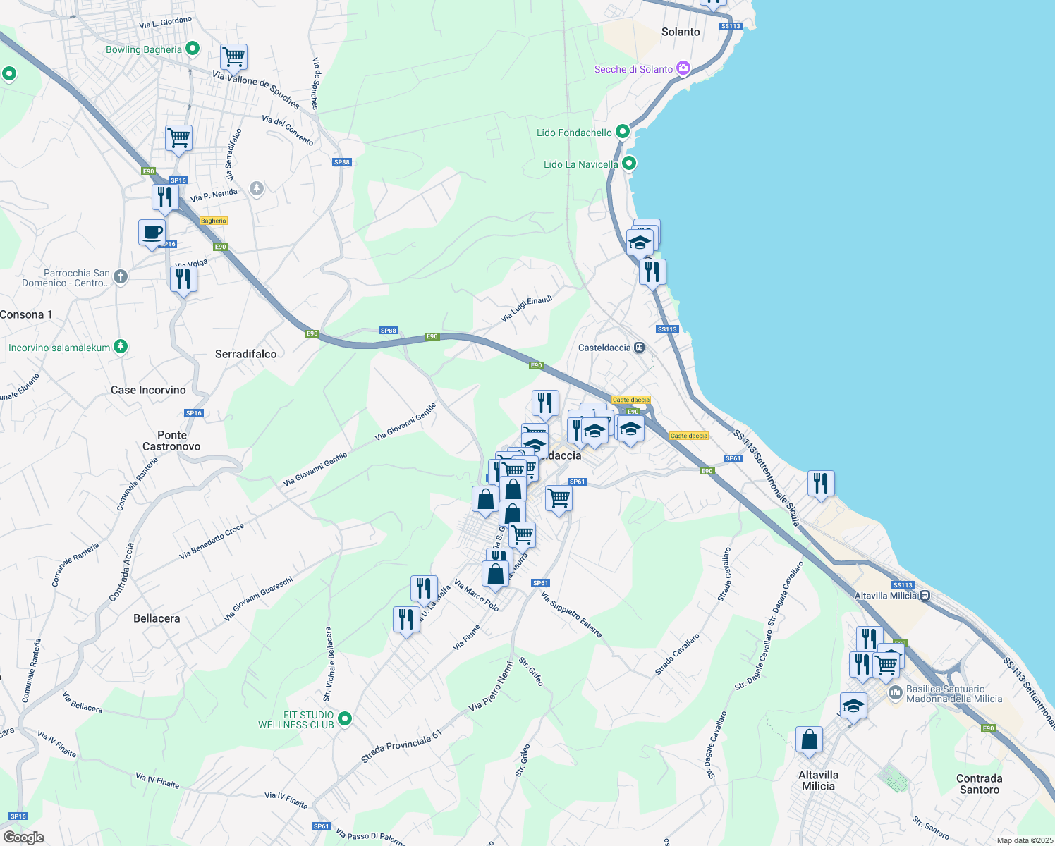 map of restaurants, bars, coffee shops, grocery stores, and more near 48 Via Sardegna in Casteldaccia