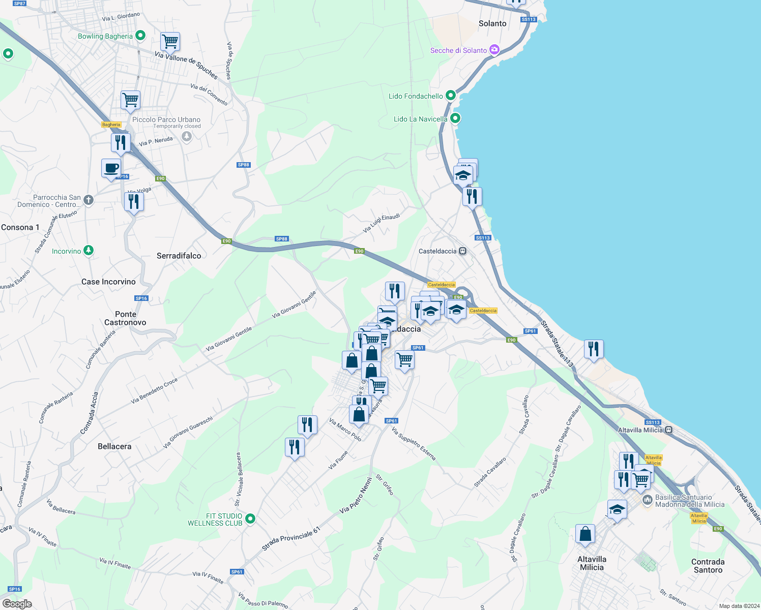 map of restaurants, bars, coffee shops, grocery stores, and more near 48 Via Sardegna in Casteldaccia