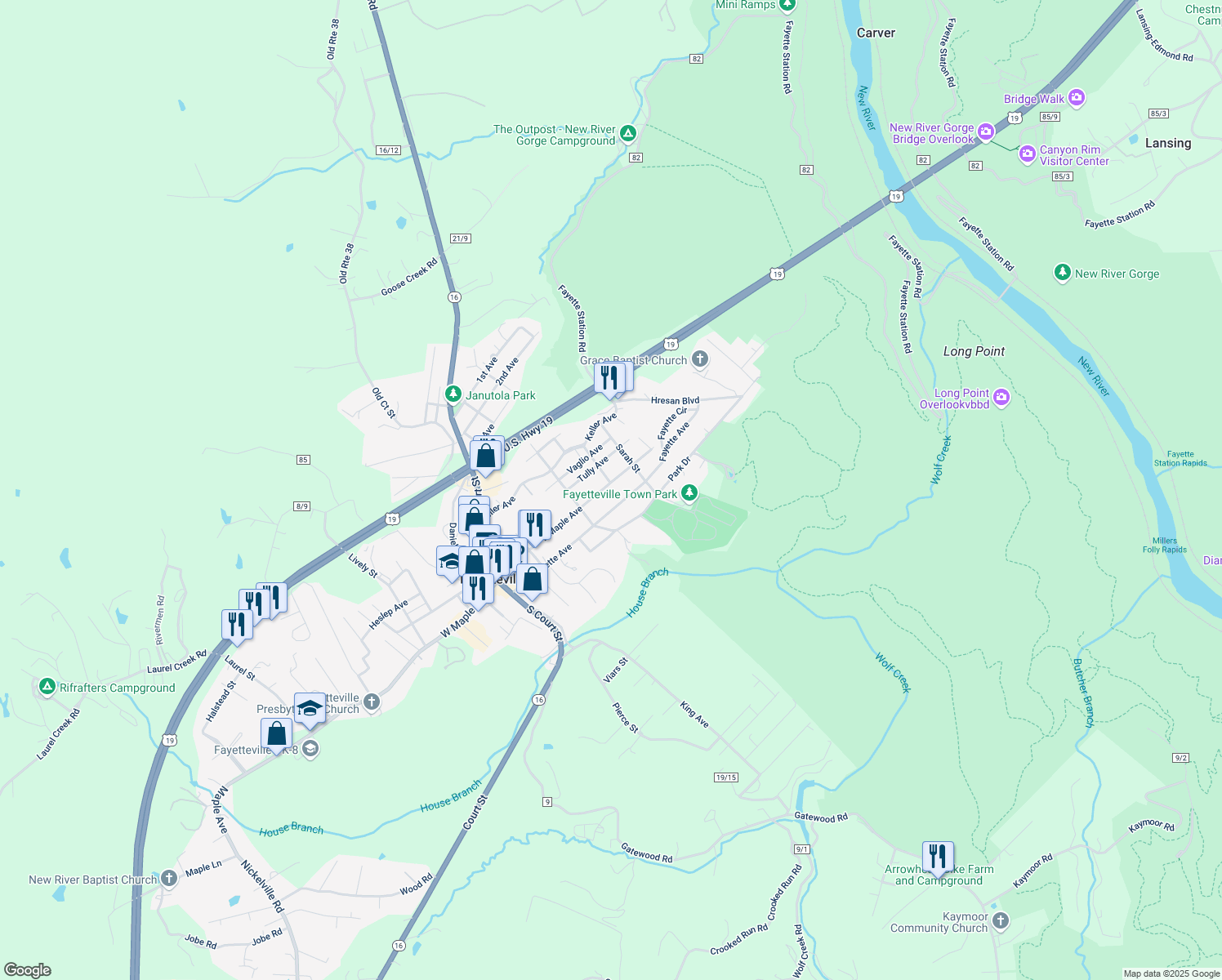 map of restaurants, bars, coffee shops, grocery stores, and more near 418 E Maple Ave in Fayetteville