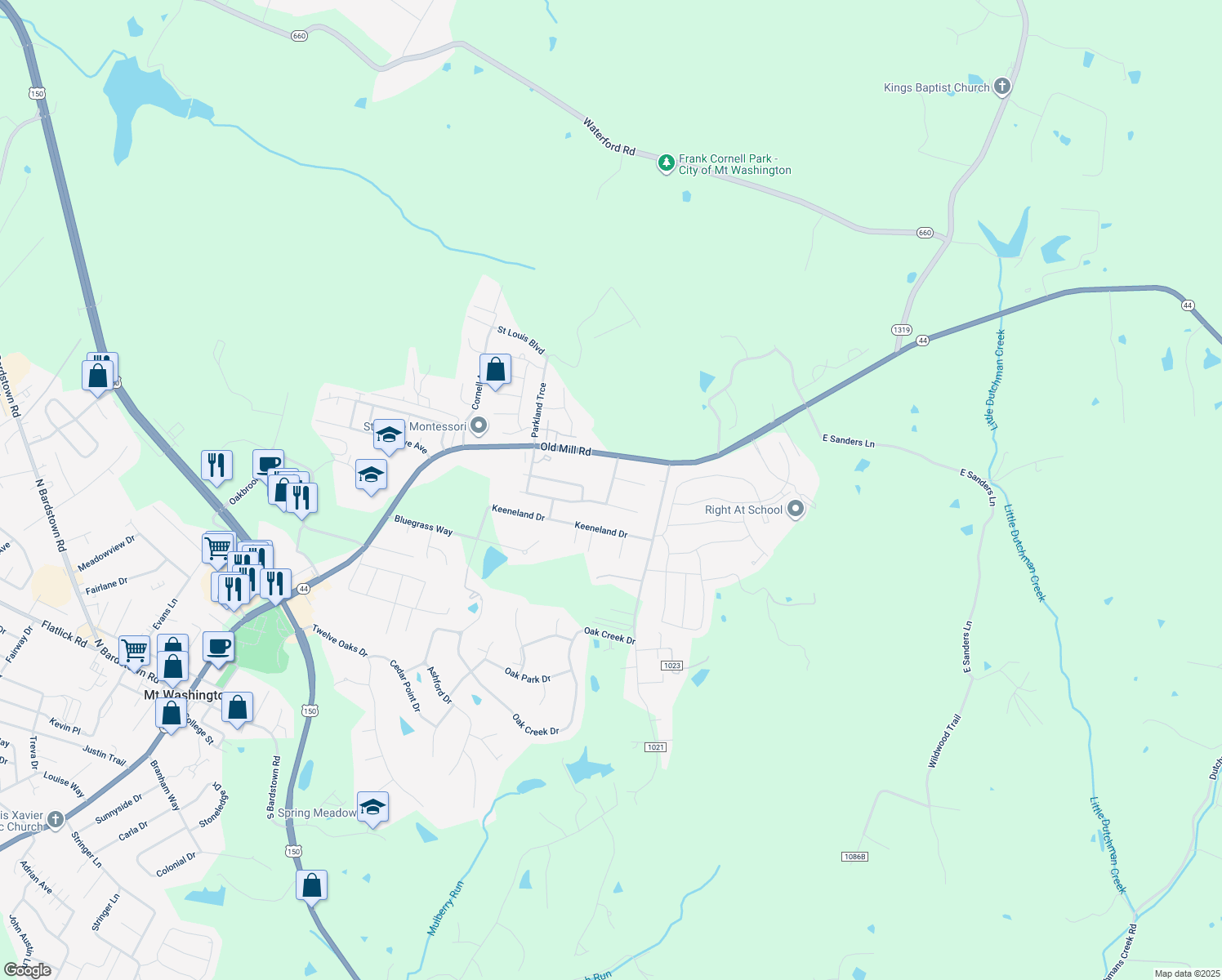 map of restaurants, bars, coffee shops, grocery stores, and more near 193 Emerald Drive in Mount Washington