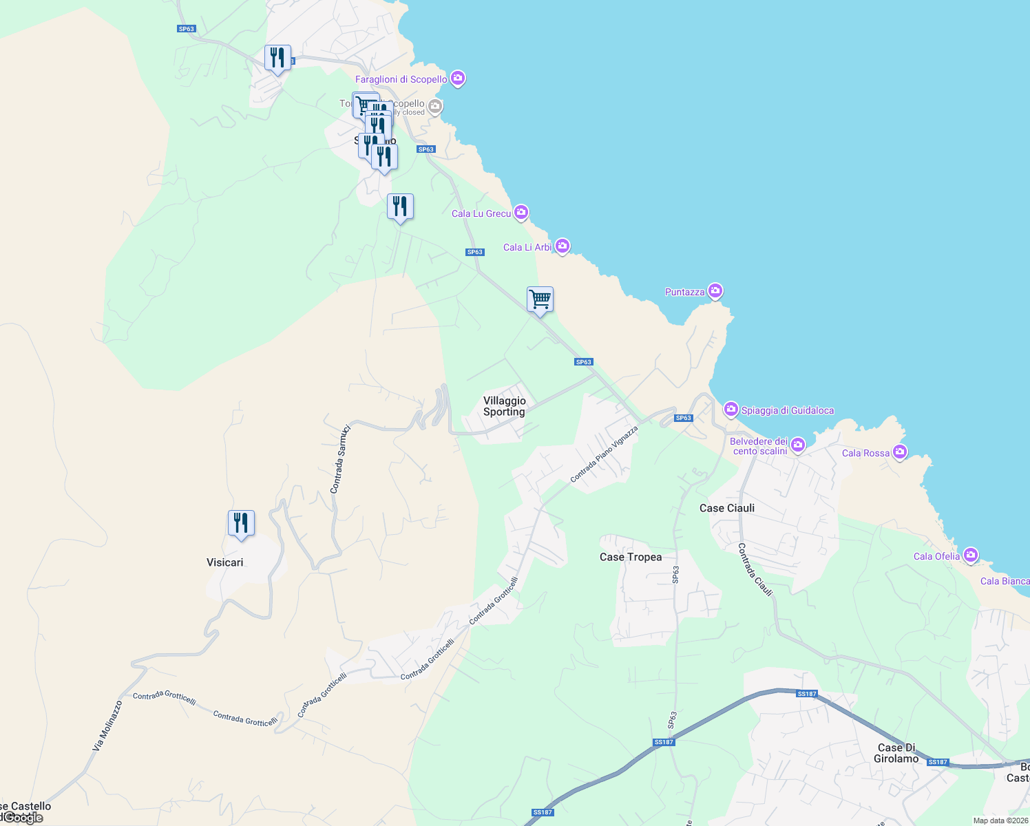 map of restaurants, bars, coffee shops, grocery stores, and more near 103 Contrada Piano Vignazza in Villaggio "sporting"