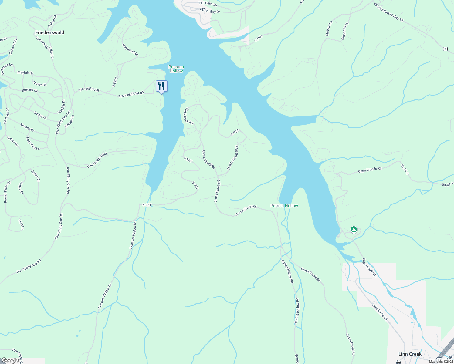 map of restaurants, bars, coffee shops, grocery stores, and more near Cross Creek Road in Camdenton