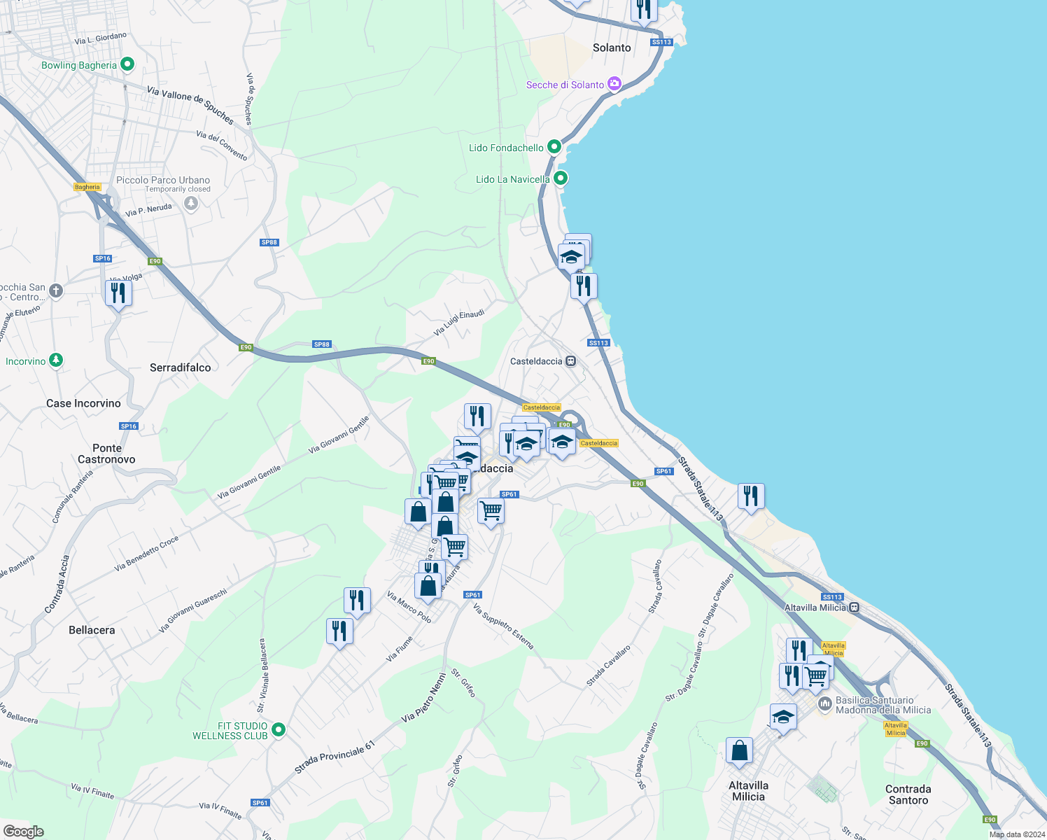 map of restaurants, bars, coffee shops, grocery stores, and more near 2 Via Mario Rapisardi in Casteldaccia