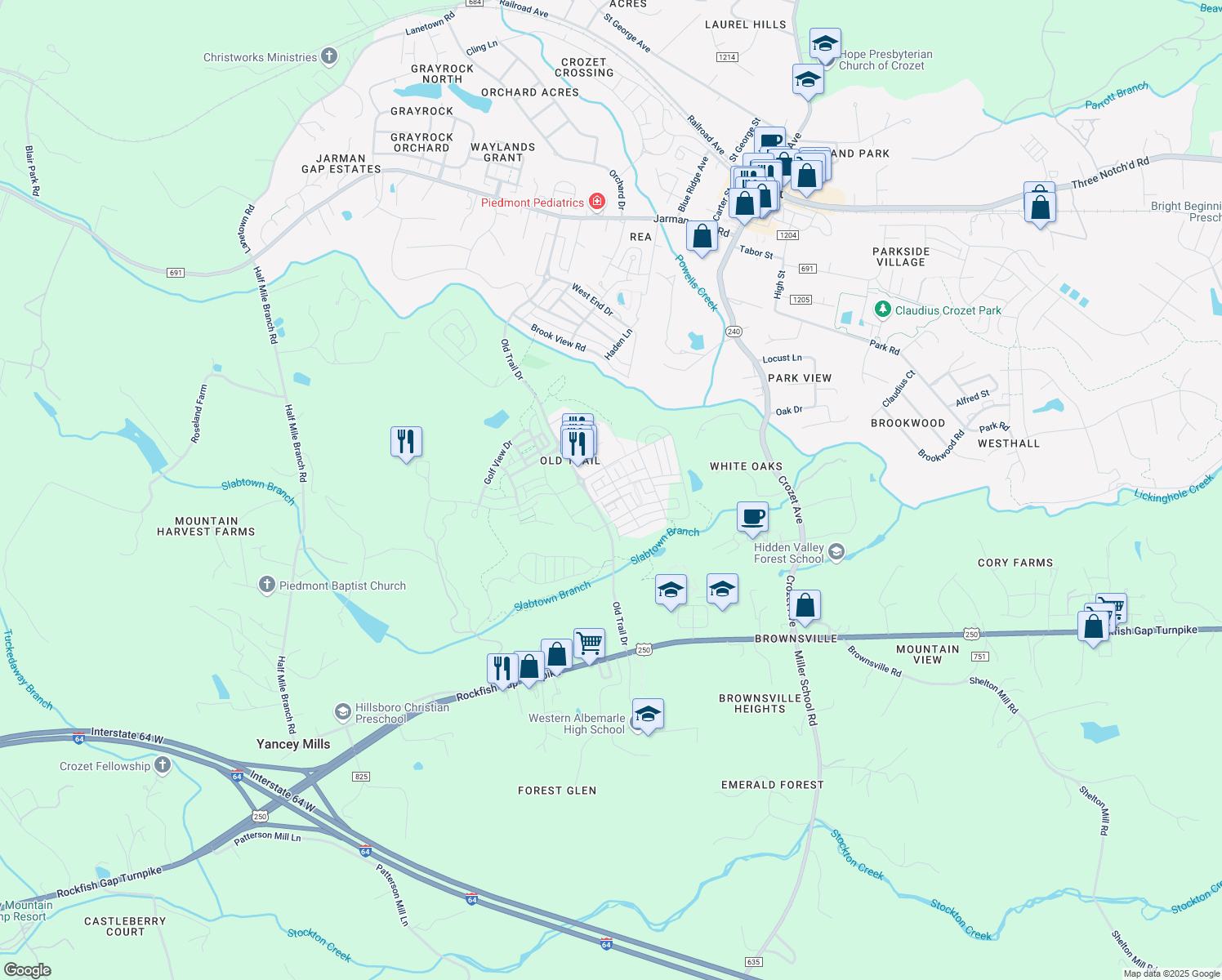 map of restaurants, bars, coffee shops, grocery stores, and more near 5625 Upland Drive in Crozet