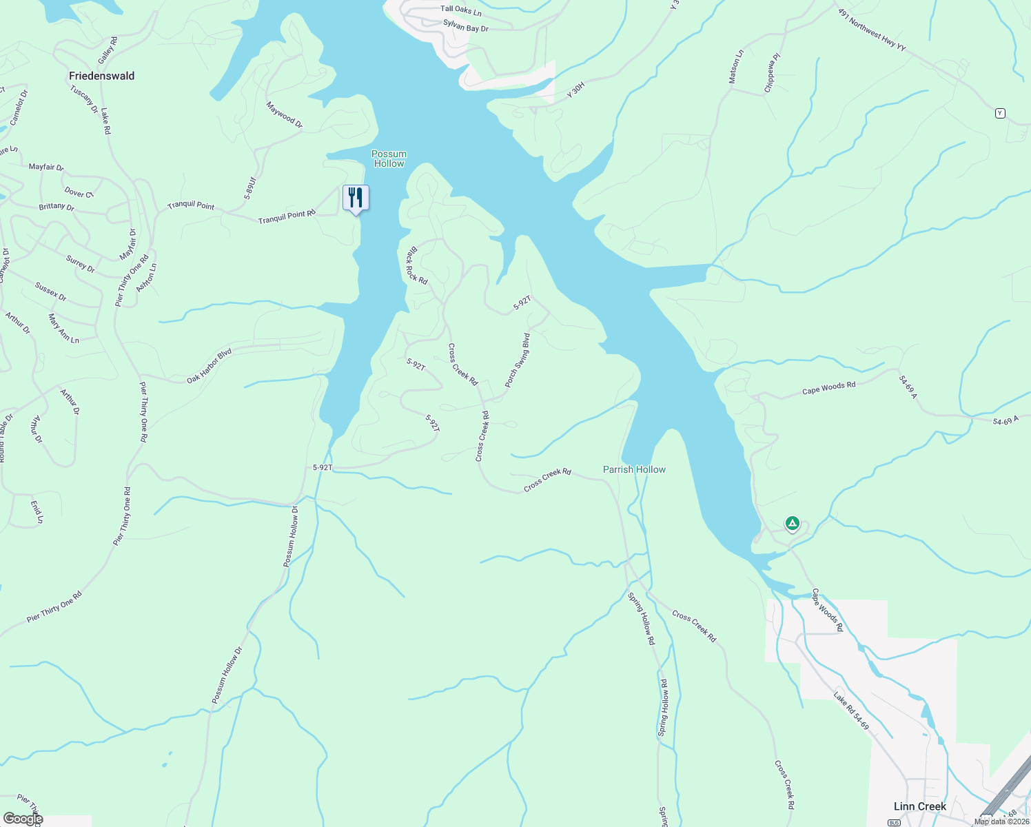 map of restaurants, bars, coffee shops, grocery stores, and more near 201-299 Porch Swing Blvd in Camdenton