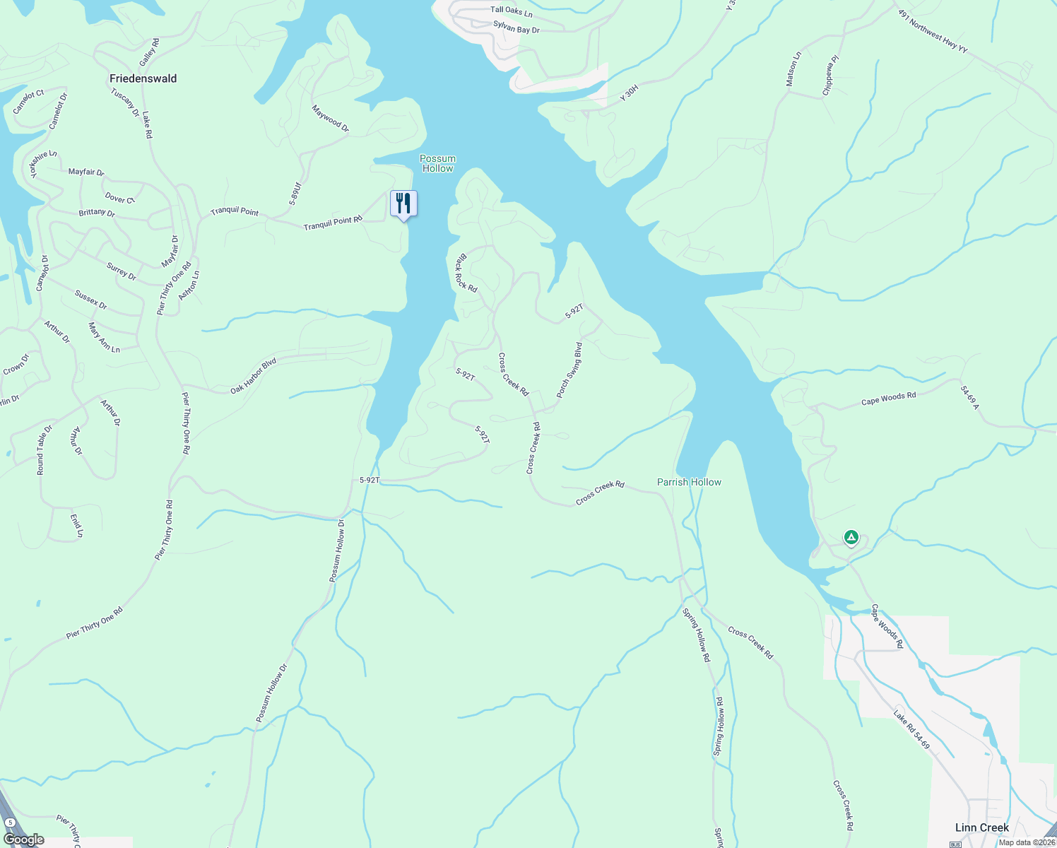 map of restaurants, bars, coffee shops, grocery stores, and more near Cross Creek Road in Camdenton