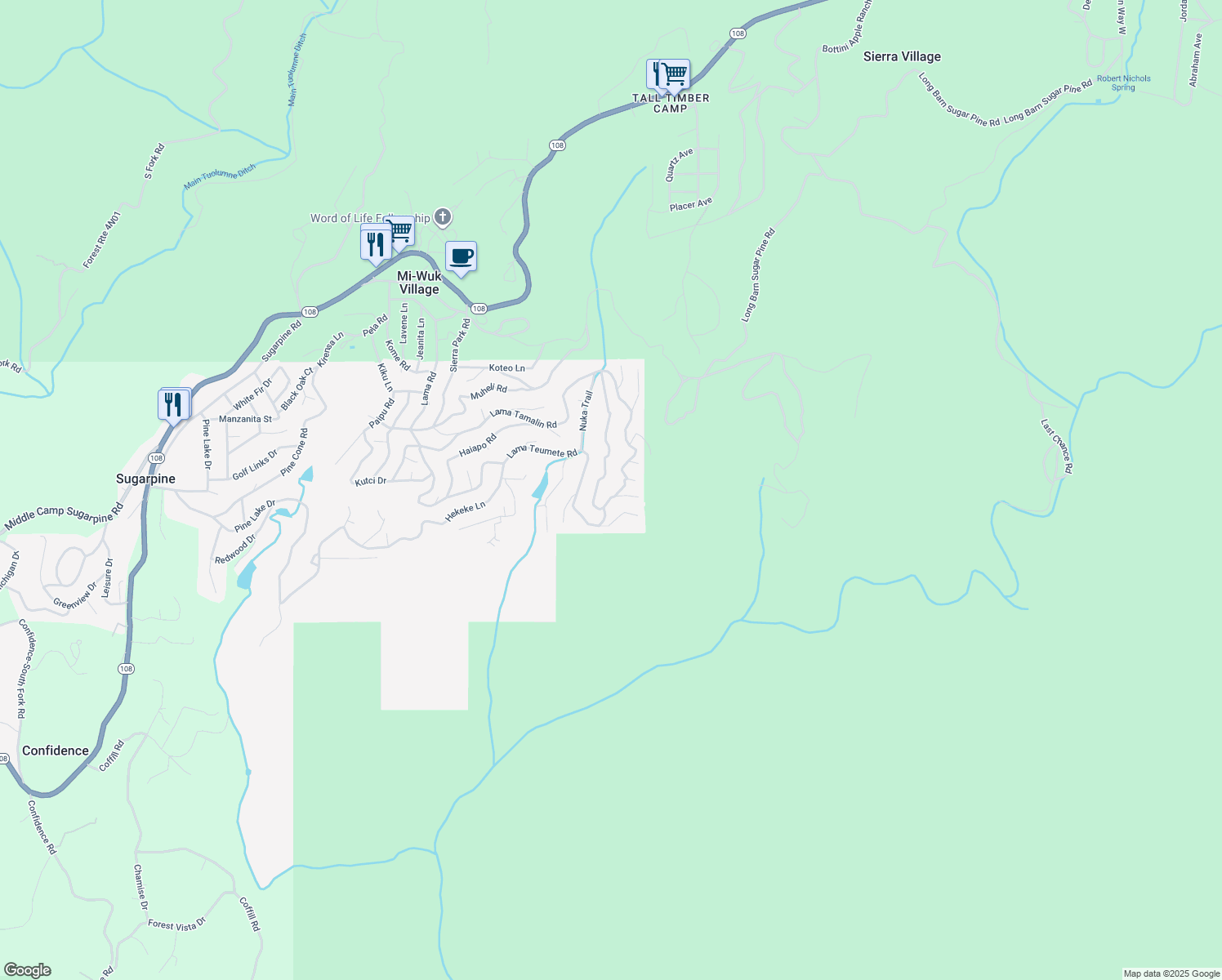 map of restaurants, bars, coffee shops, grocery stores, and more near 24022 Lama Hisum Road in Mi-Wuk Village