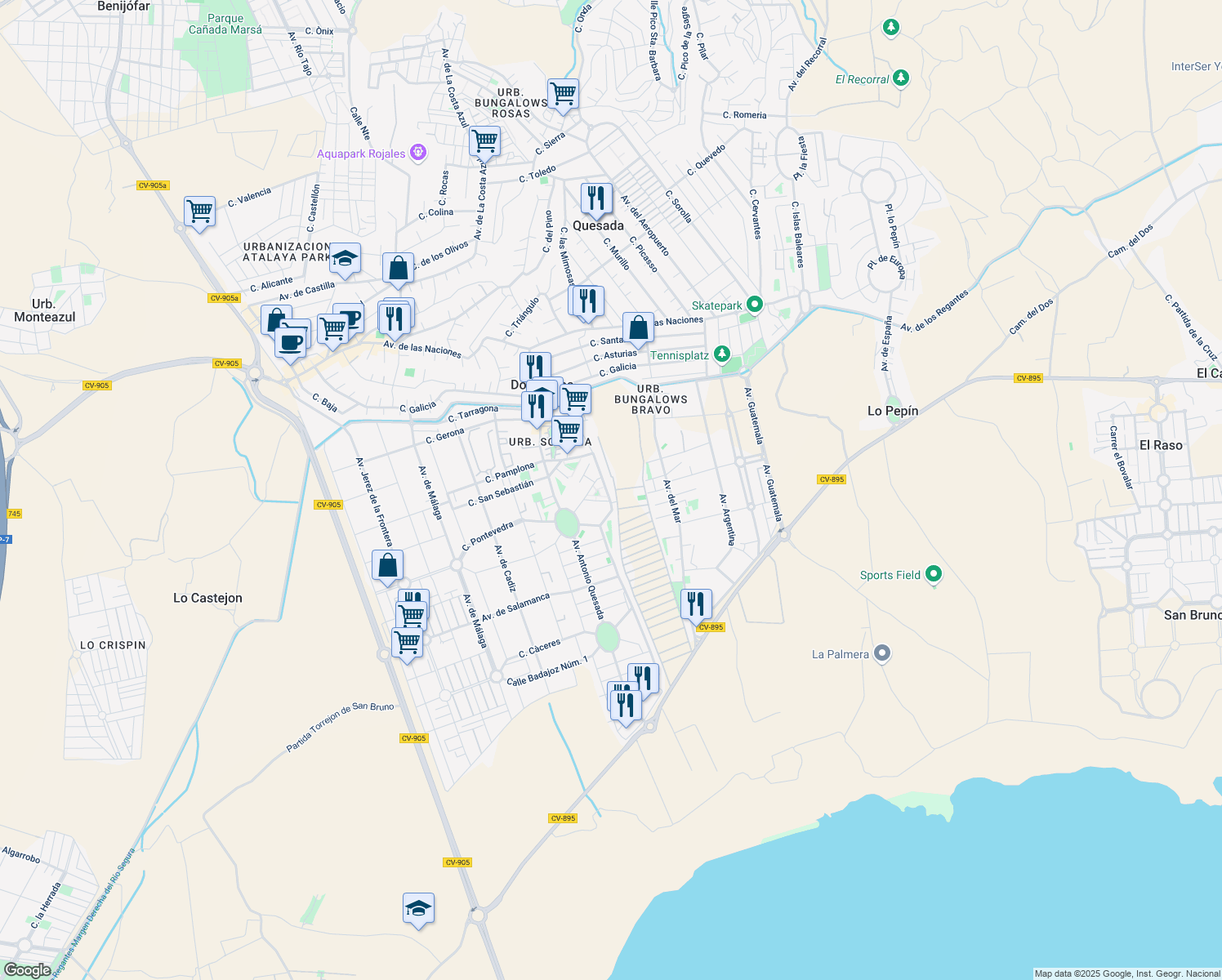 map of restaurants, bars, coffee shops, grocery stores, and more near 7 Calle Santiago de Compostela Número 1 in Ciudad Quesada