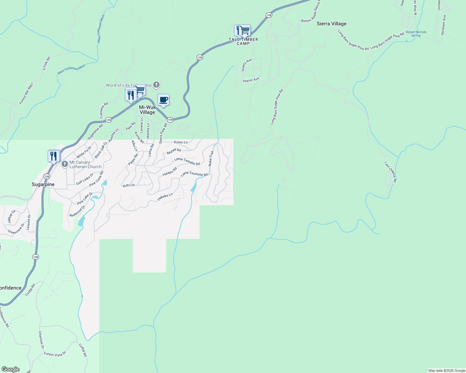 map of restaurants, bars, coffee shops, grocery stores, and more near 21102 Aselu Court in Mi-Wuk Village