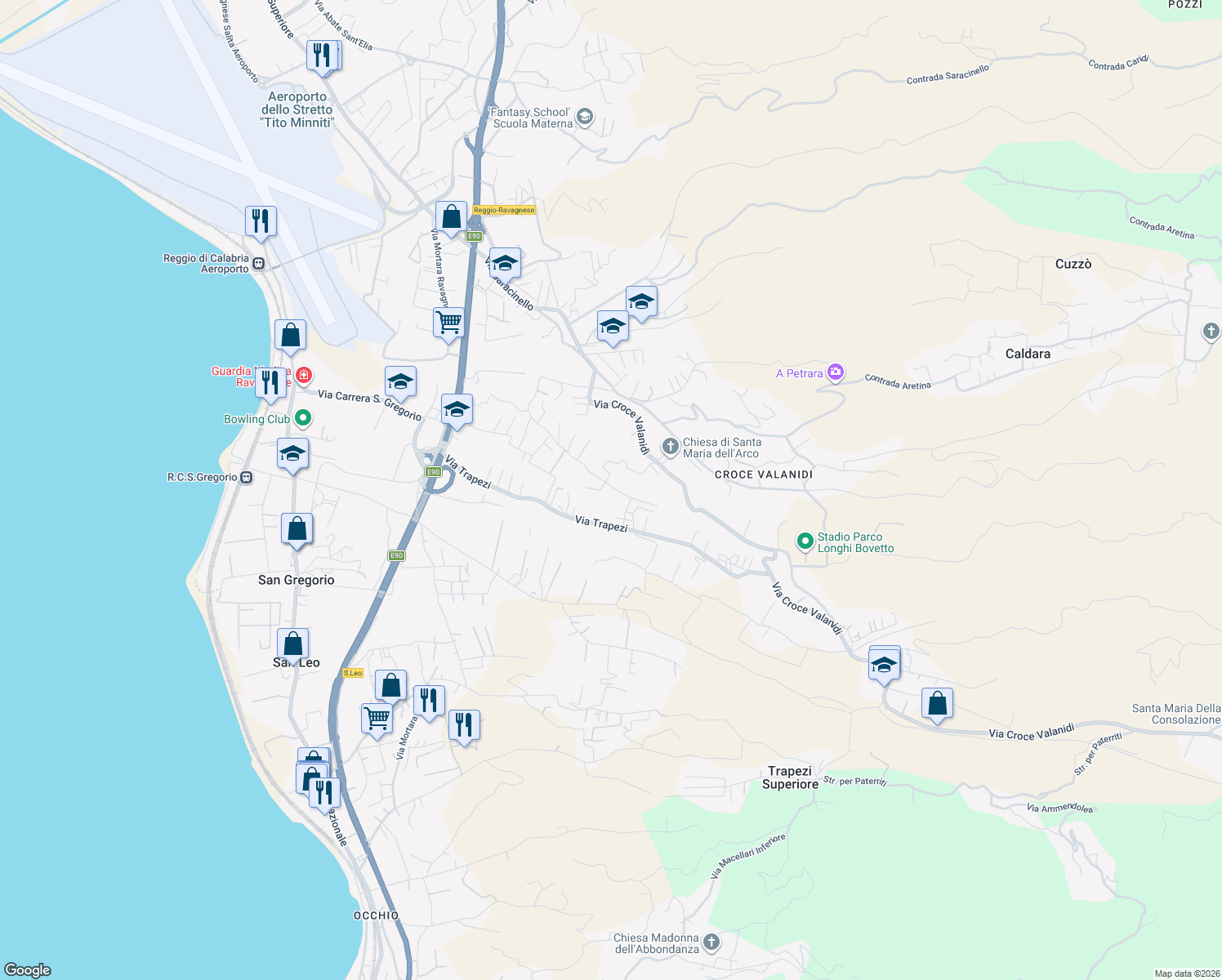 map of restaurants, bars, coffee shops, grocery stores, and more near 110 Contrada Trapezzoli Nord in Reggio Calabria
