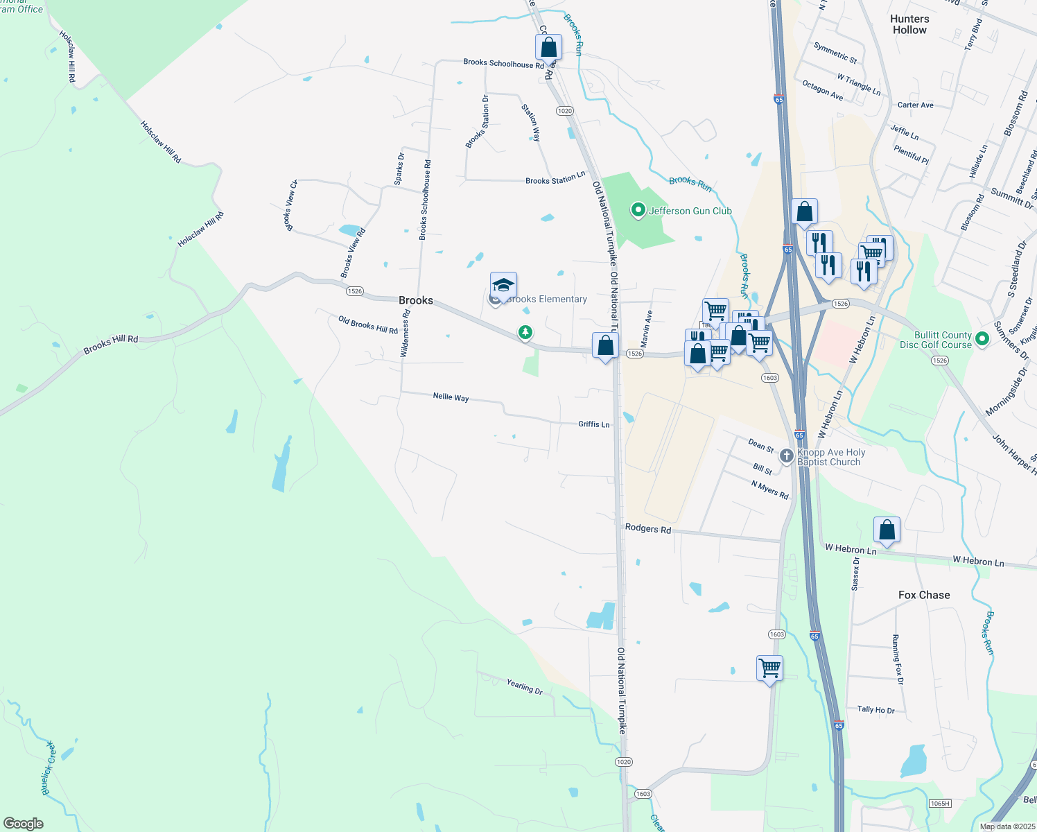 map of restaurants, bars, coffee shops, grocery stores, and more near 315 Griffis Lane in Brooks