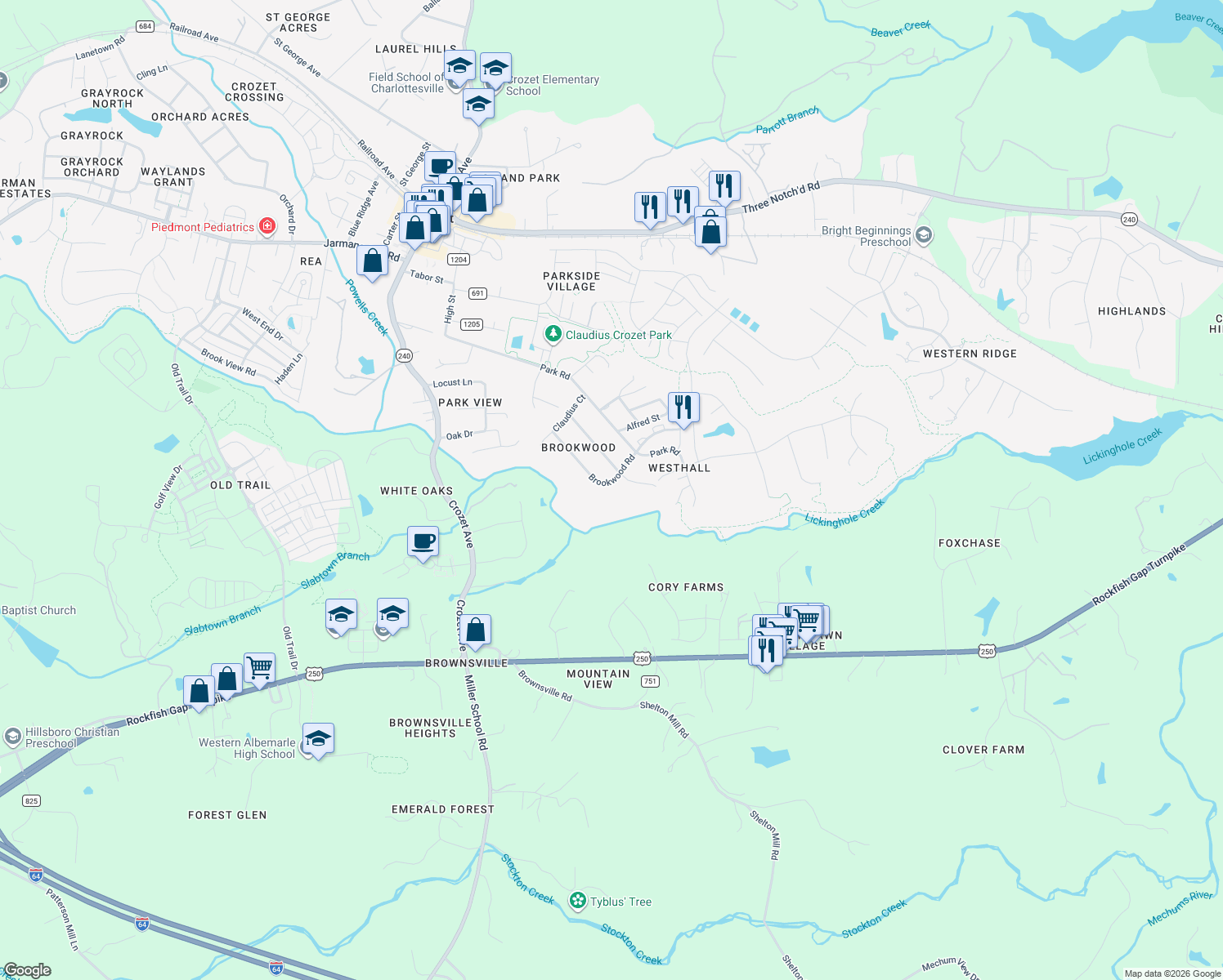 map of restaurants, bars, coffee shops, grocery stores, and more near 5535 Brookwood Rd in Crozet
