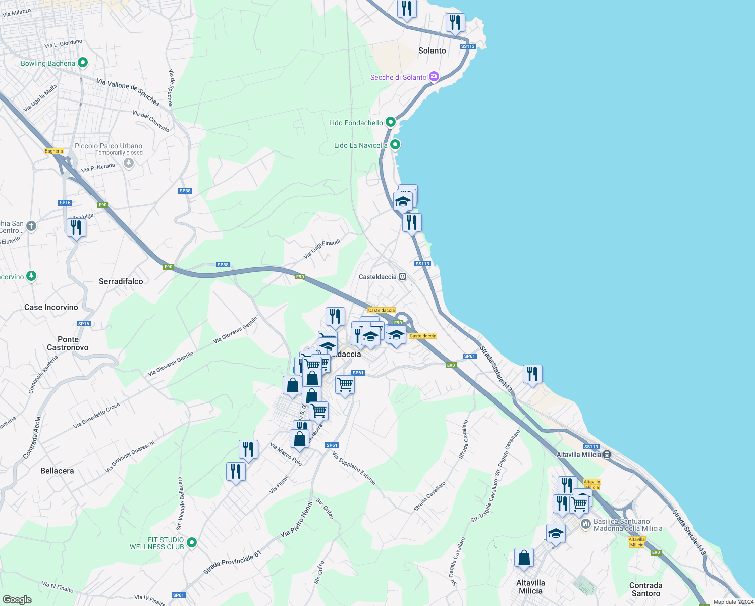 map of restaurants, bars, coffee shops, grocery stores, and more near 2 Via Mario Rapisardi in Casteldaccia