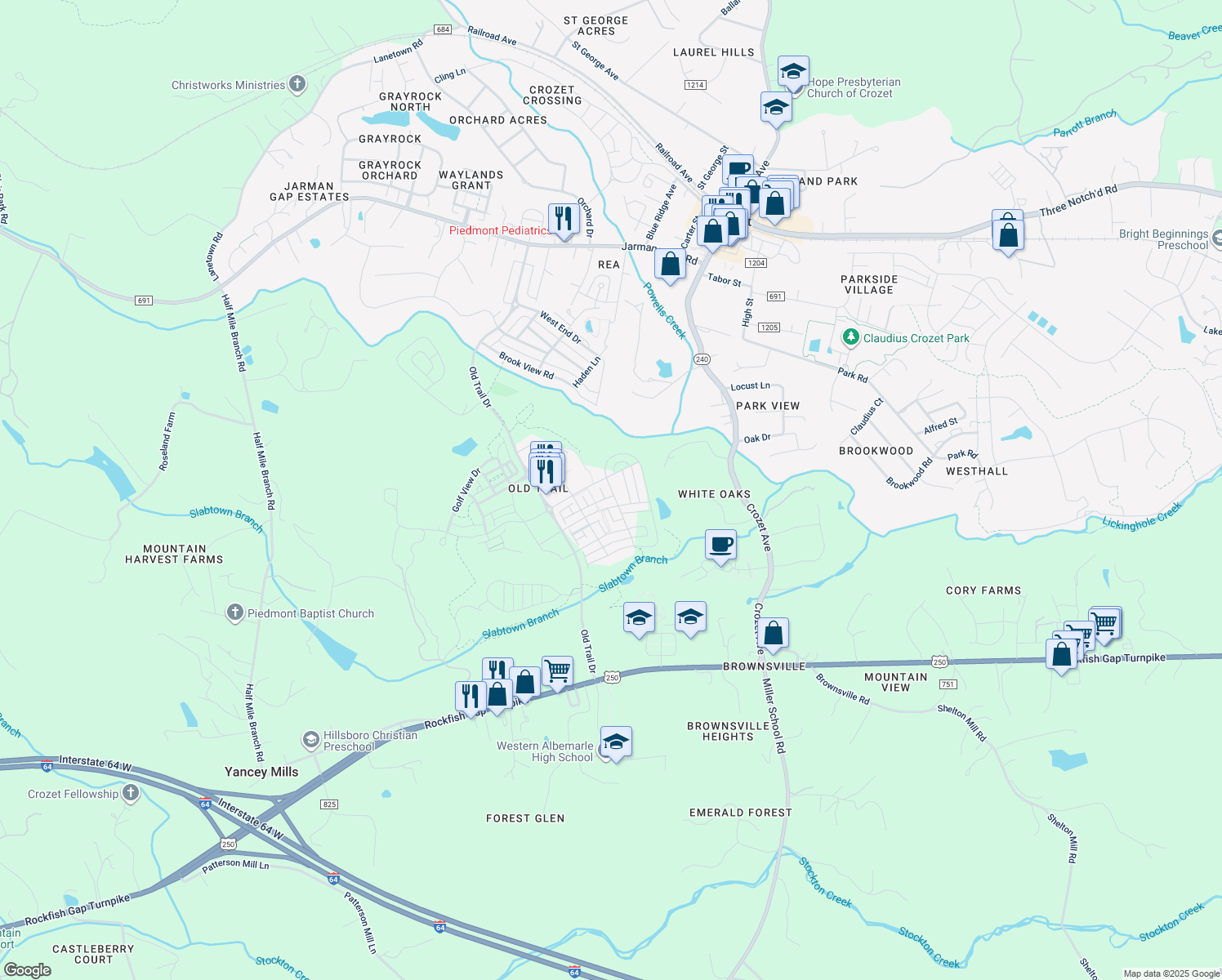 map of restaurants, bars, coffee shops, grocery stores, and more near 693 Fielding Run Drive in Crozet