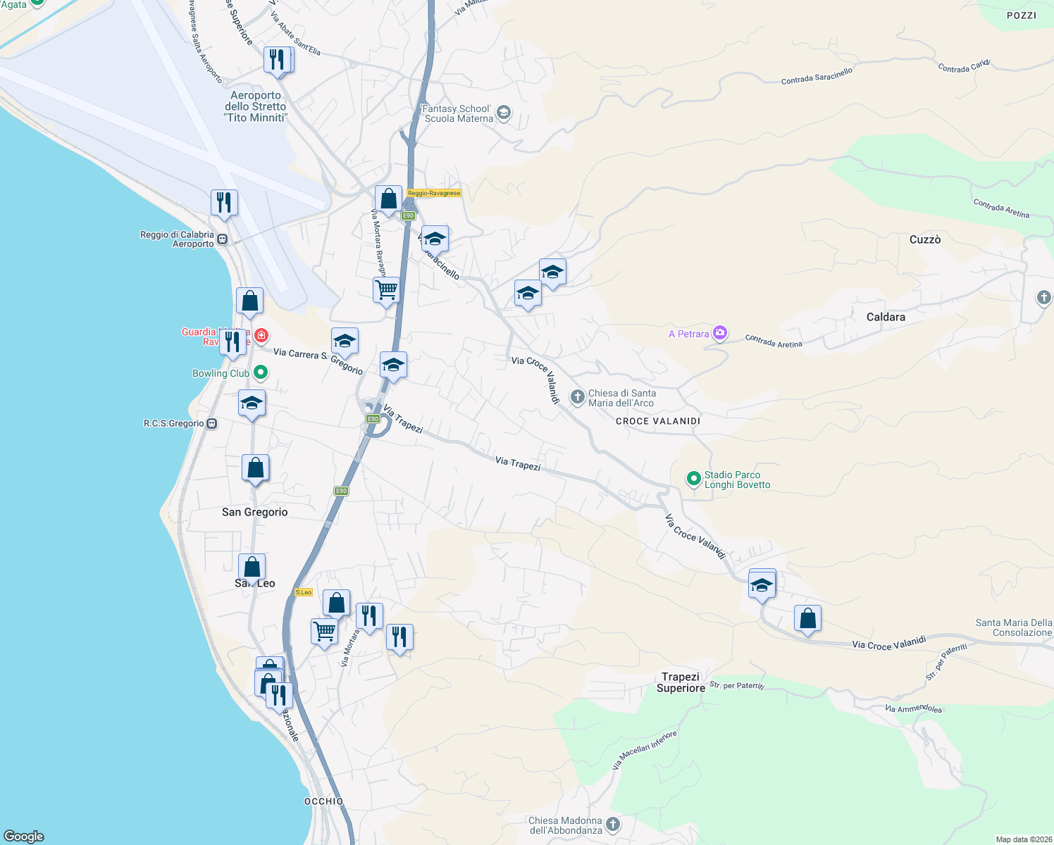 map of restaurants, bars, coffee shops, grocery stores, and more near 110 Contrada Trapezzoli Nord in Reggio Calabria