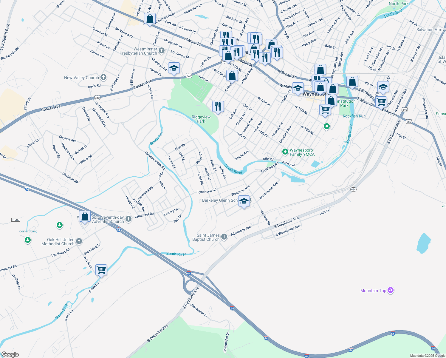 map of restaurants, bars, coffee shops, grocery stores, and more near 116 Valley Road in Waynesboro