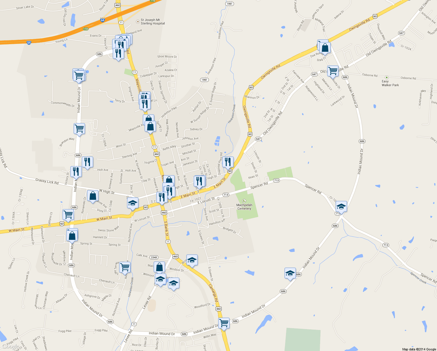 map of restaurants, bars, coffee shops, grocery stores, and more near 511 East High Street in Mount Sterling