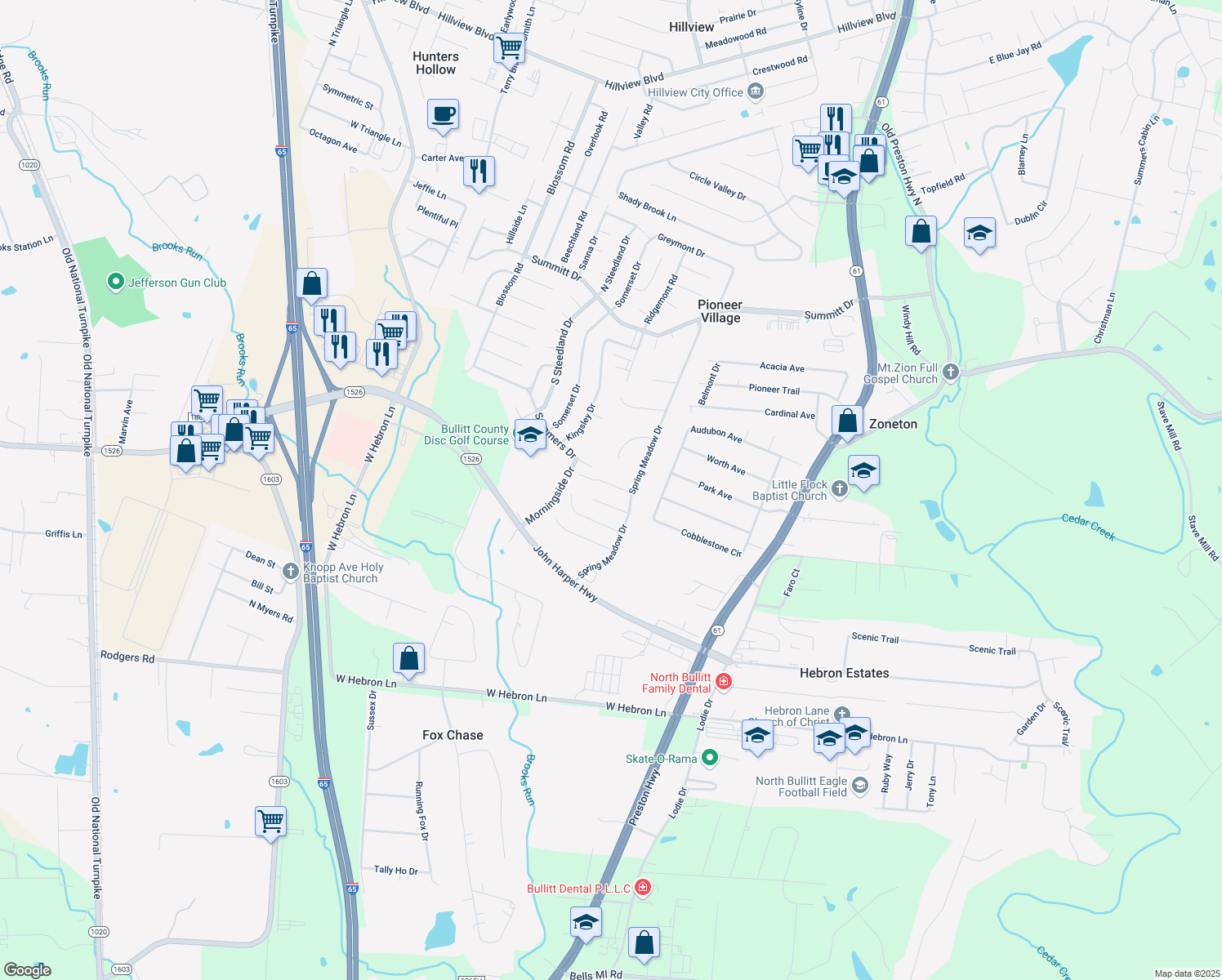 map of restaurants, bars, coffee shops, grocery stores, and more near 12422 Spring Leaf Court in Louisville