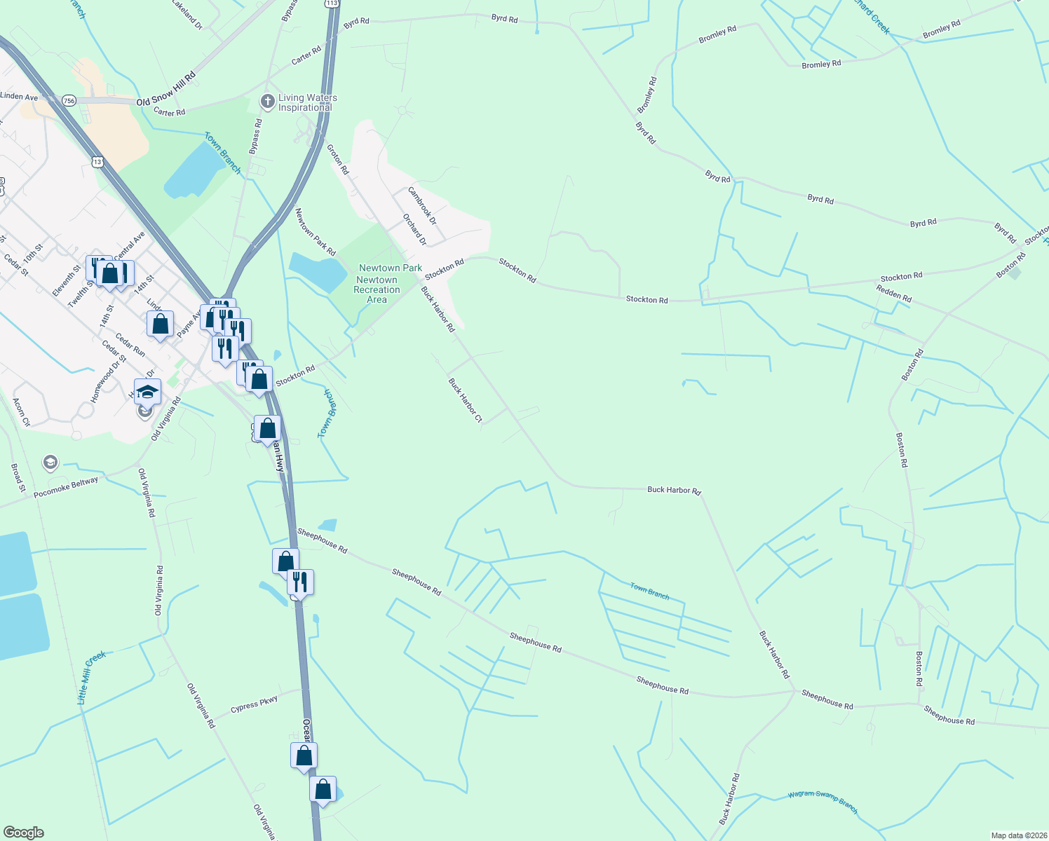 map of restaurants, bars, coffee shops, grocery stores, and more near 2815 Laytons Dr in Pocomoke City