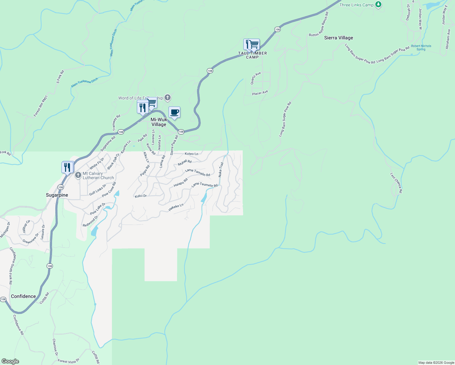 map of restaurants, bars, coffee shops, grocery stores, and more near 24131 Olo Win Trail in Mi-Wuk Village