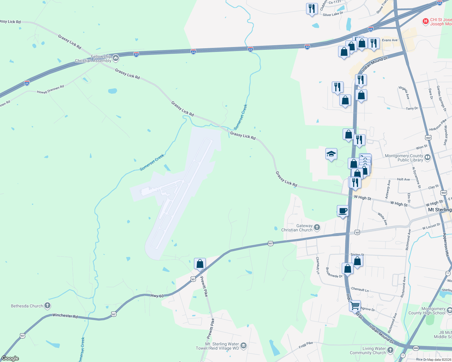map of restaurants, bars, coffee shops, grocery stores, and more near 1492 Grassy Lick Road in Mount Sterling