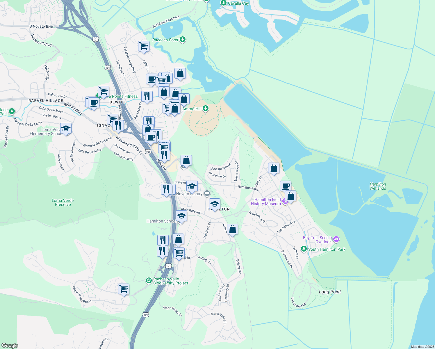 map of restaurants, bars, coffee shops, grocery stores, and more near 32 Brookline Dr in Novato