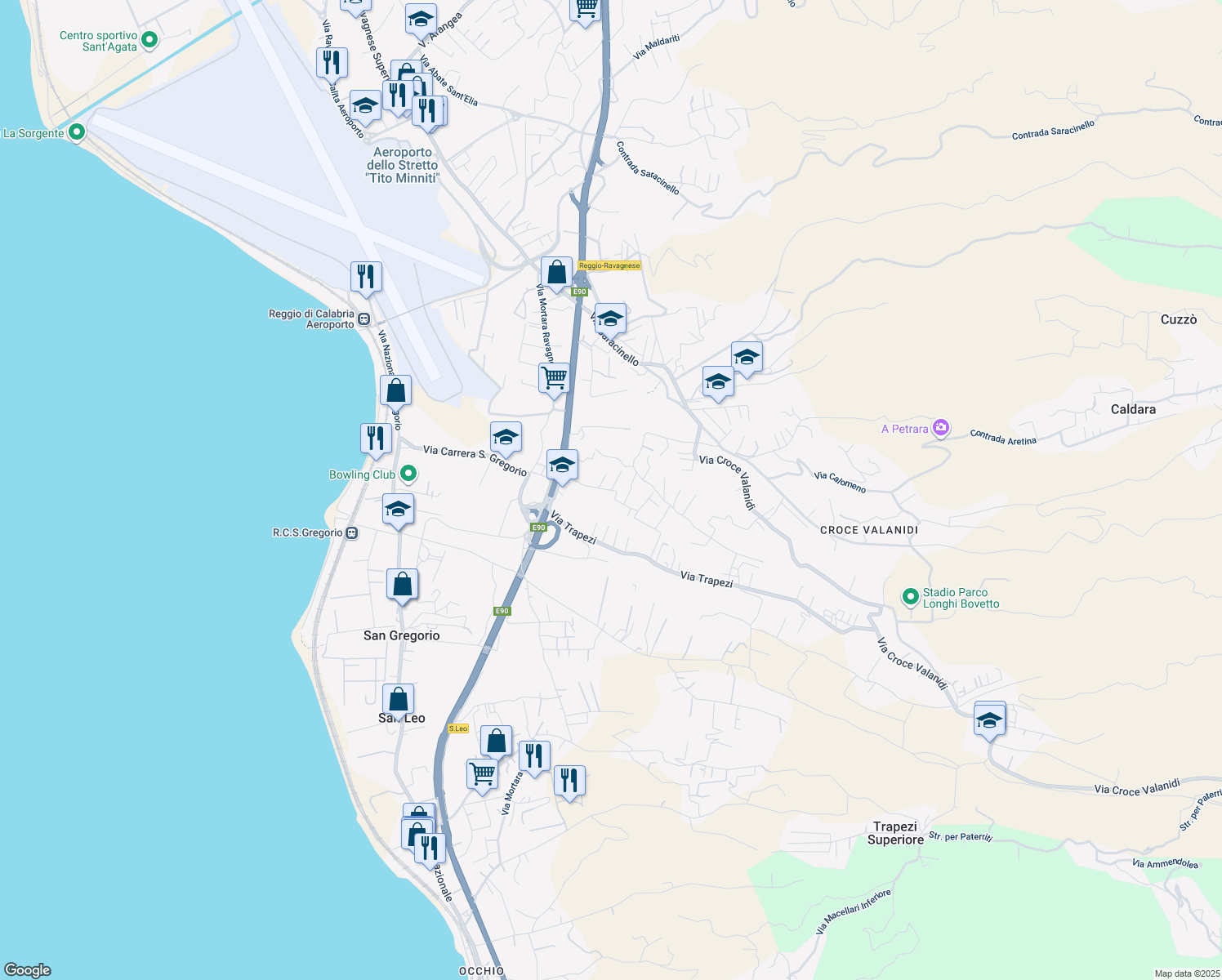 map of restaurants, bars, coffee shops, grocery stores, and more near 31 Via Trapezzoli Sud San Gregorio in Reggio Calabria