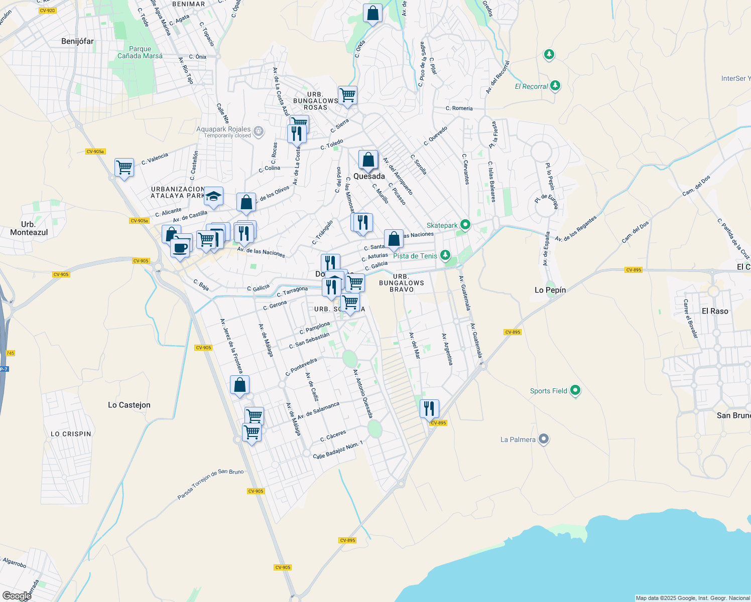 map of restaurants, bars, coffee shops, grocery stores, and more near 21 Calle Conjunto Luz in Ciudad Quesada