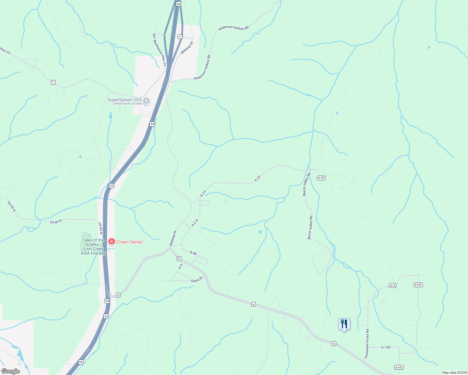 map of restaurants, bars, coffee shops, grocery stores, and more near A-2F in Linn Creek