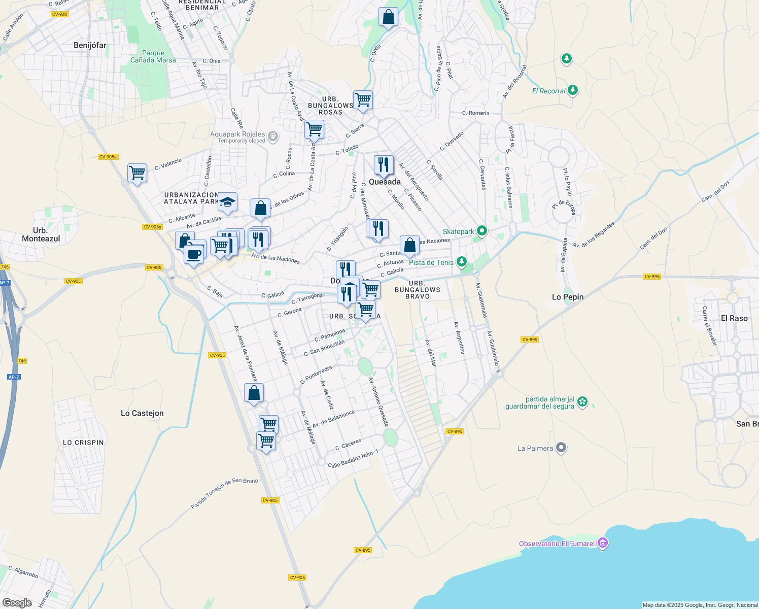 map of restaurants, bars, coffee shops, grocery stores, and more near 21 Calle Conjunto Luz in Ciudad Quesada