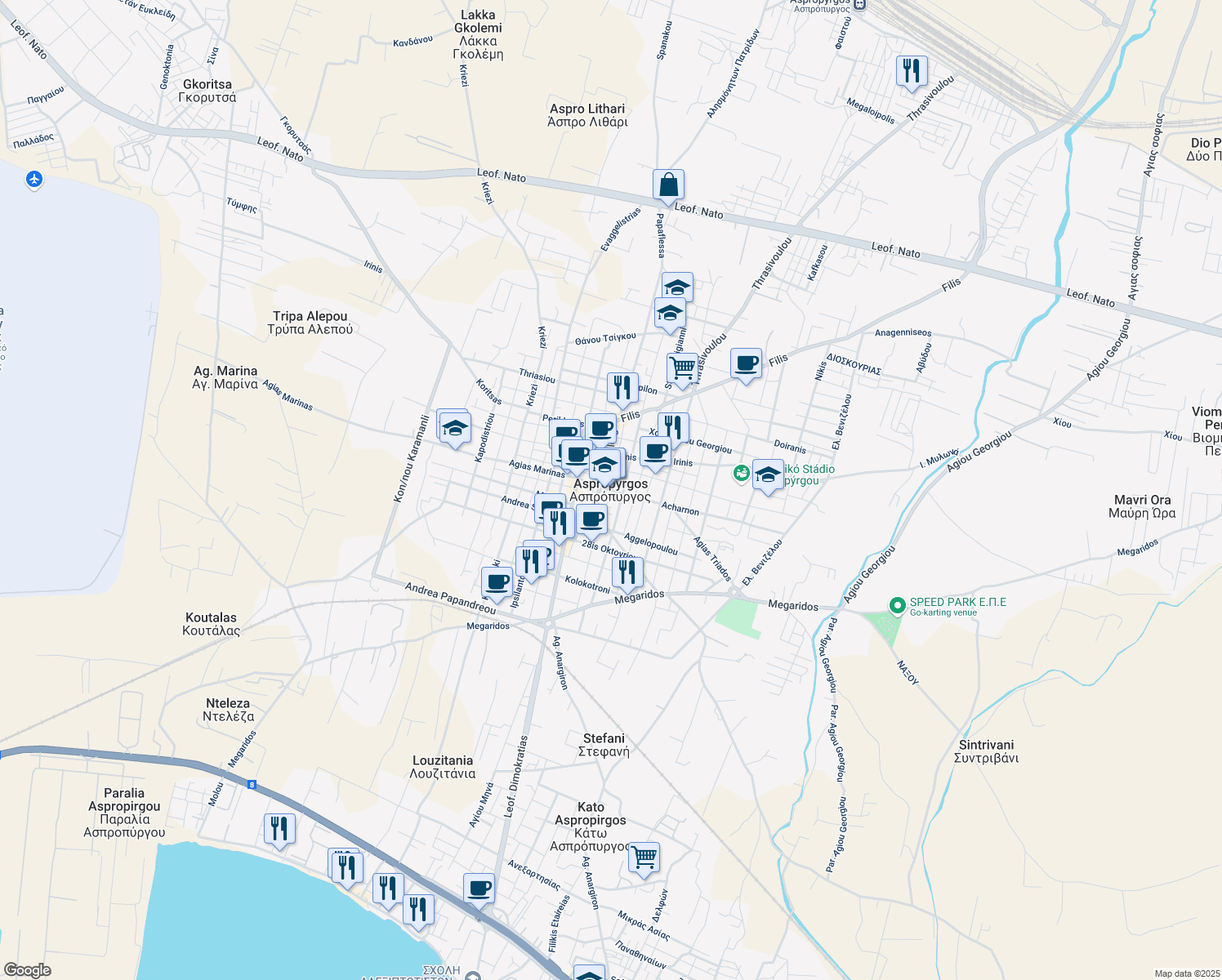 map of restaurants, bars, coffee shops, grocery stores, and more near in Aspropyrgos