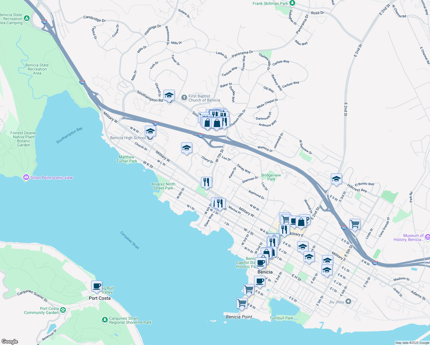 map of restaurants, bars, coffee shops, grocery stores, and more near 29 Buena Vista in Benicia