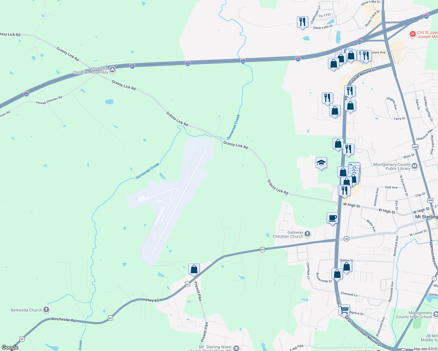 map of restaurants, bars, coffee shops, grocery stores, and more near 1492 Grassy Lick Road in Mount Sterling